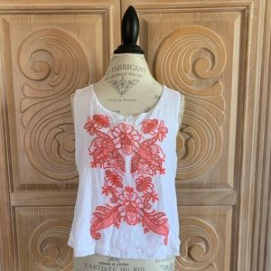 White Tank with Salmon Stitched Floral Pattern XXL